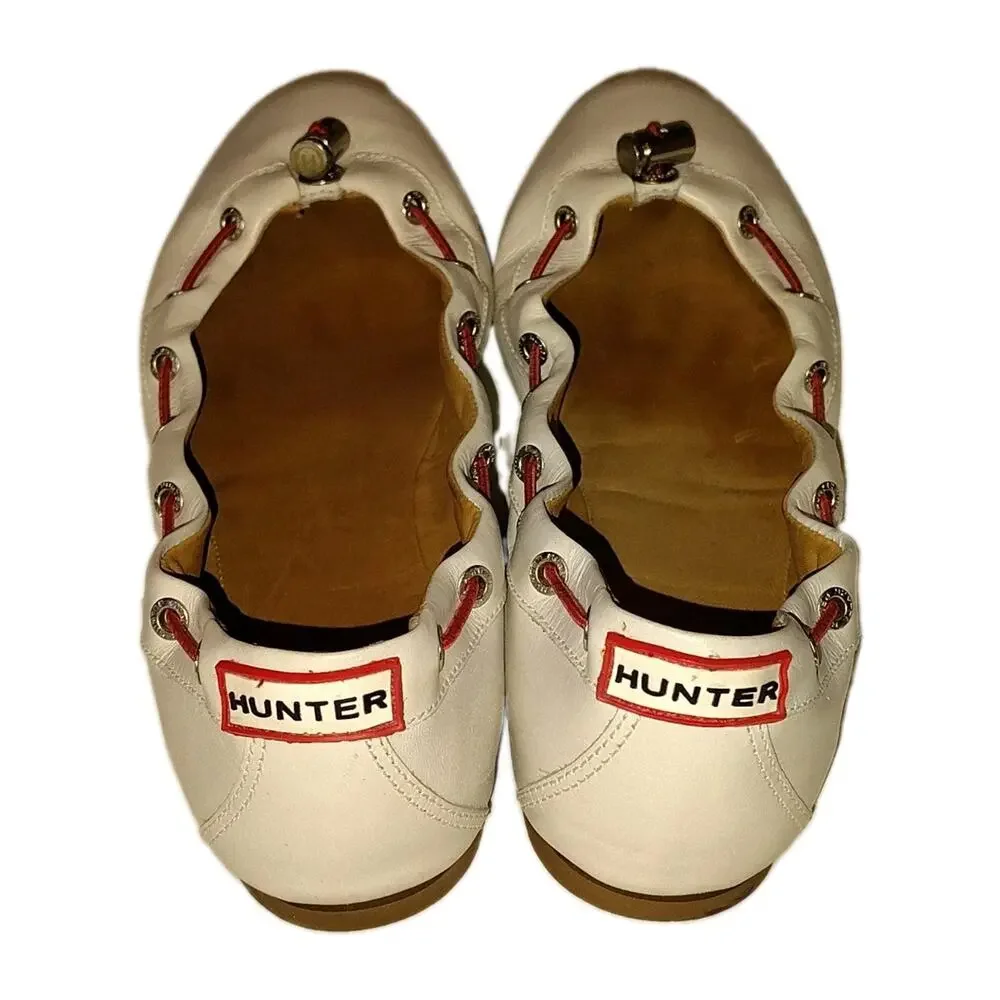 Hunter Leather Cinch Ballet Flats White Red Accent Size 8